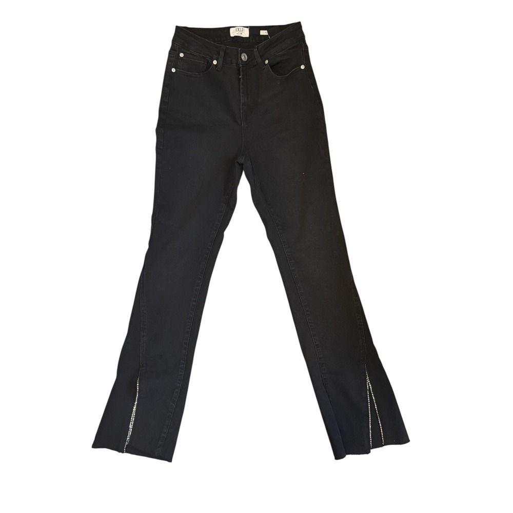 BBJ‎ Los Angeles Black Flare Jeans Rhinestone Slit Hem Raw Edge Women Size 7/28